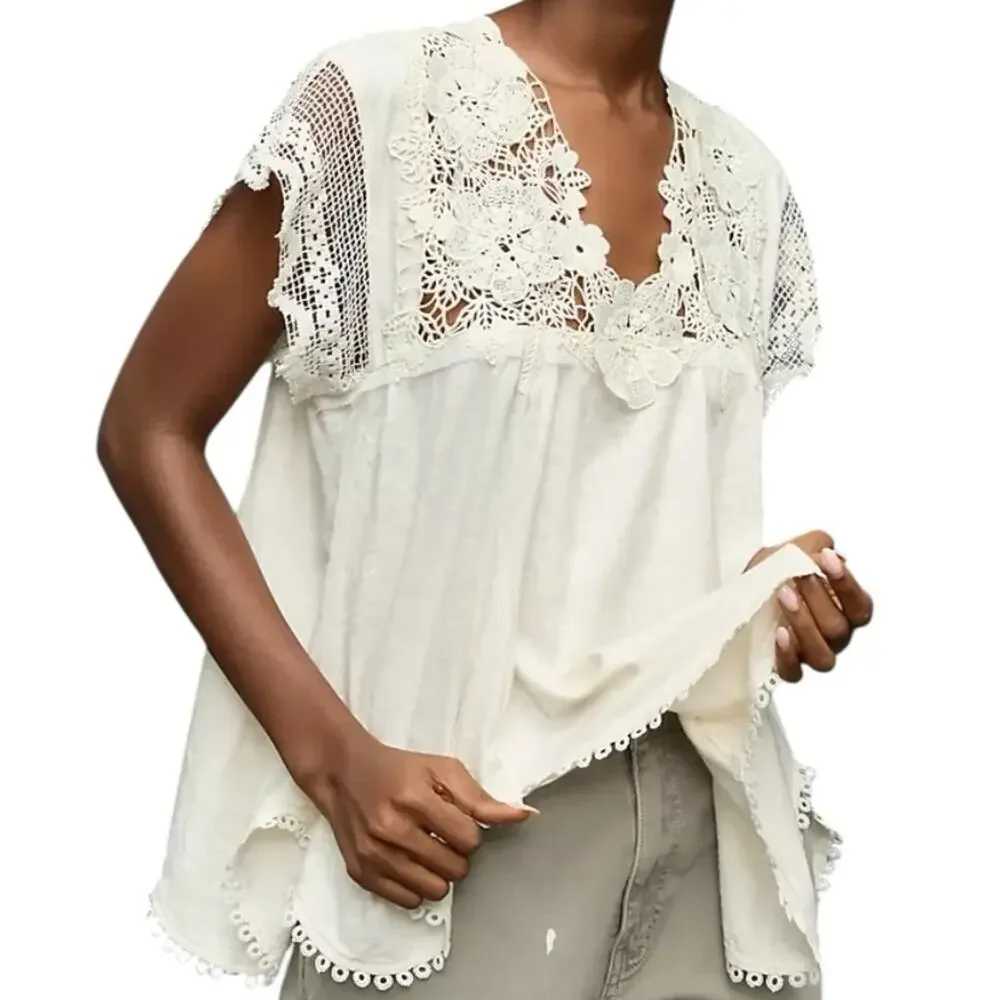 By Anthropologie V-Neck Cream Lace Women's Top size medium - Picture 1 of 10